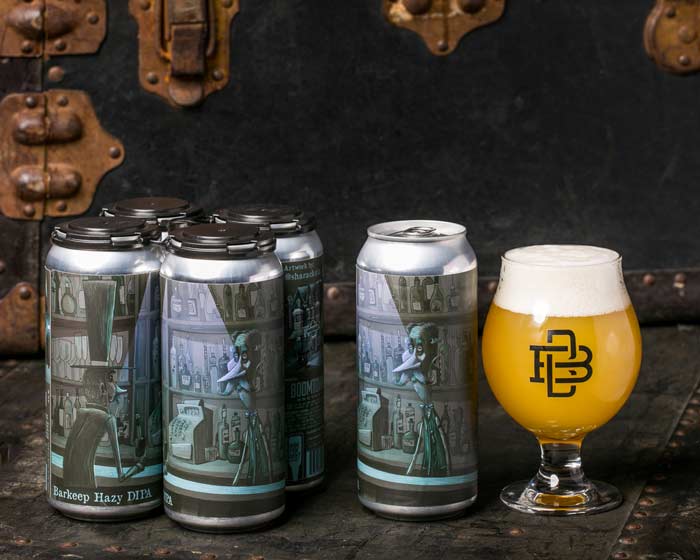 Barkeep DIPA cans and beer in a glass