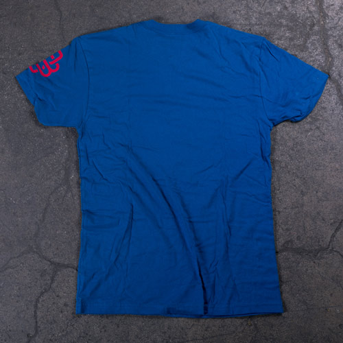 Blue shirt with red logo printed on sleeve