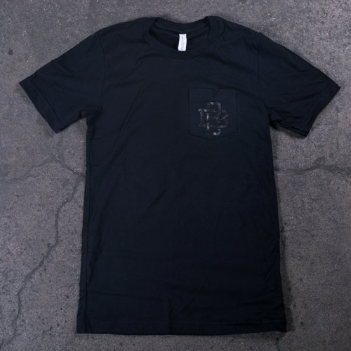 Black shirt with black monogram printed on pocket