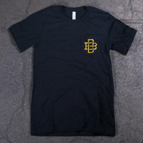 Black tshirt with yellow monogram printed on pocket