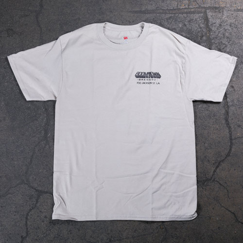 White shirt with black logo printed on front